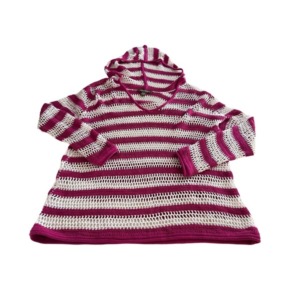 Tommy Bahama Women's Knit Crochet Cotton Pink White Hooded Coverup Medium - Picture 1 of 4